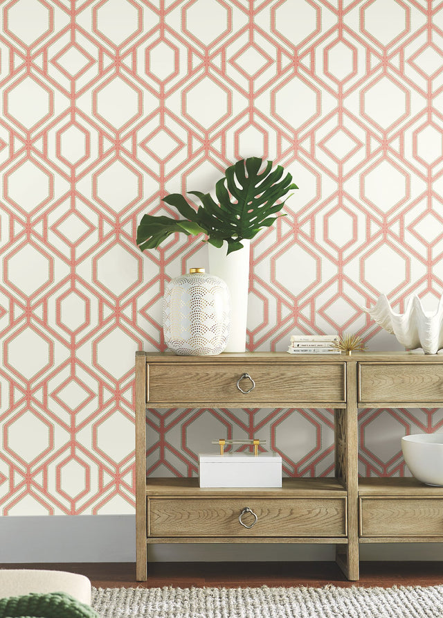 Sawgrass Trellis Coral Wallpaper with Geometric Trellis Pattern - York TC2636