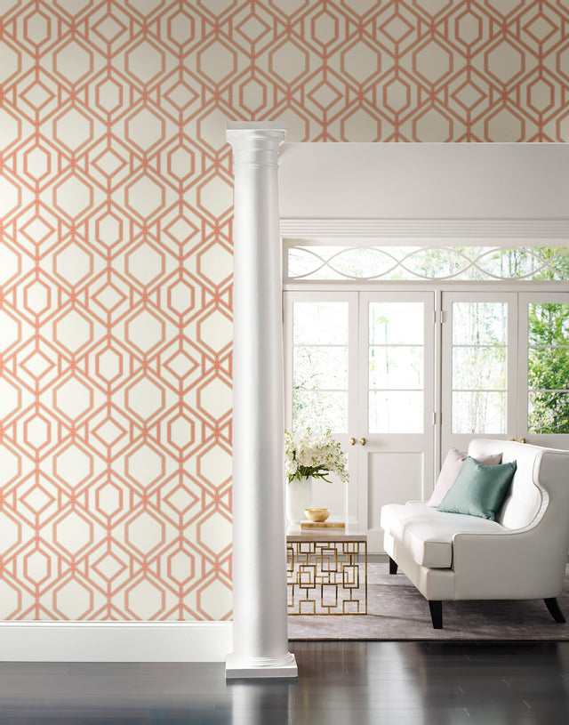 Sawgrass Trellis Coral Wallpaper with Geometric Trellis Pattern - York TC2636