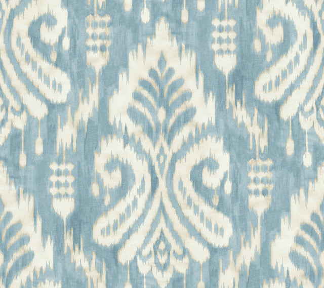 Hawthorne Ikat Blue Wallpaper with Watercolor Damask Motif - York TC2644