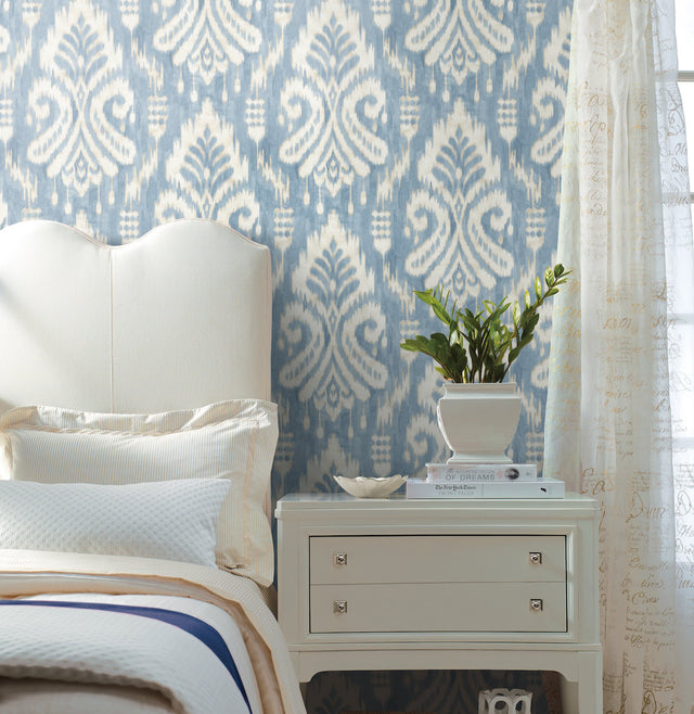 Hawthorne Ikat Blue Wallpaper with Watercolor Damask Motif - York TC2644