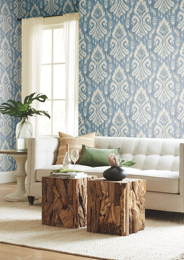 Hawthorne Ikat Blue Wallpaper with Watercolor Damask Motif - York TC2644