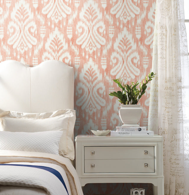 Hawthorne Ikat Coral Wallpaper with Bohemian Ikat Pattern - York TC2646