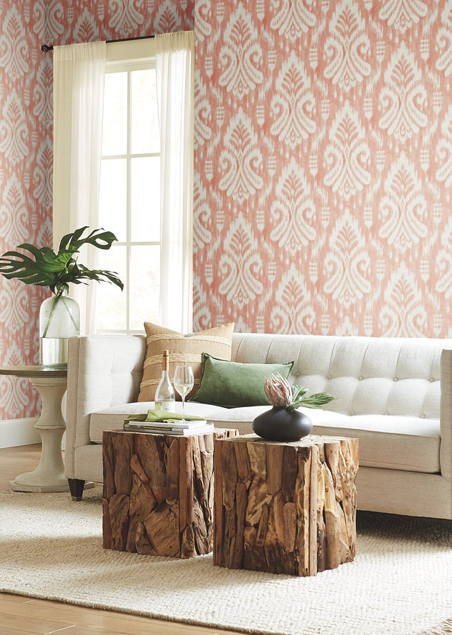 Hawthorne Ikat Coral Wallpaper with Bohemian Ikat Pattern - York TC2646