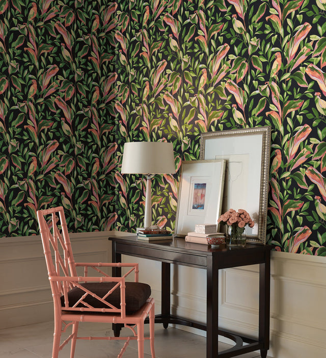Tropical Love Birds Black Wallpaper with Botanical Parrot Motif - York TC2651