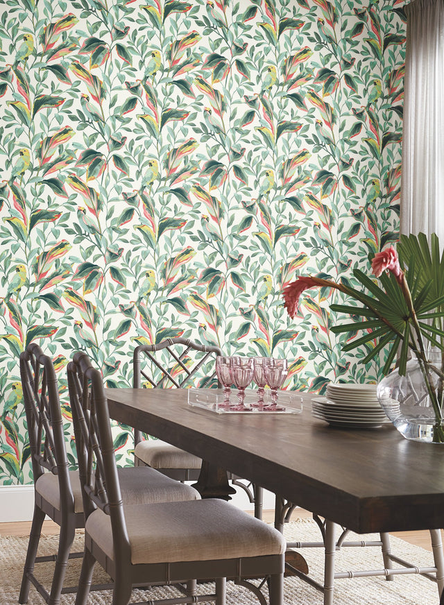 Tropical Love Birds White & Coral Wallpaper with Botanical Parrot Motif - York TC2653