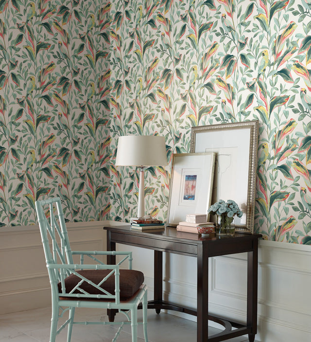 Tropical Love Birds White & Coral Wallpaper with Botanical Parrot Motif - York TC2653