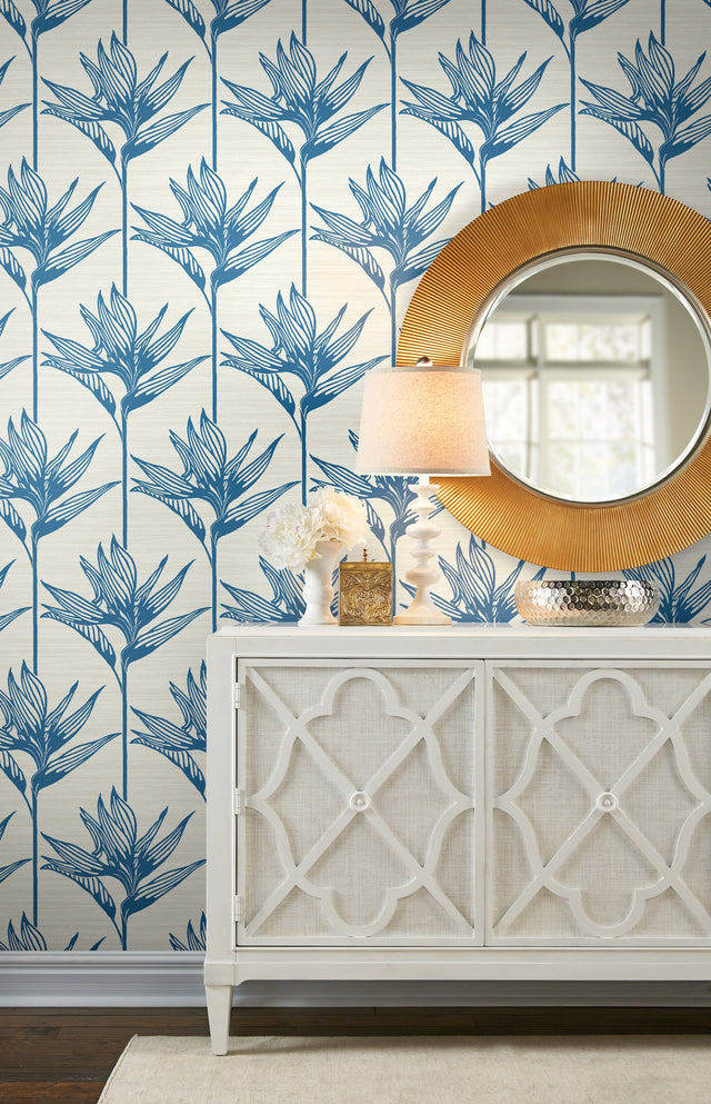 Bird of Paradise Blue Wallpaper with Botanical Tropical Silhouette - York TC2671