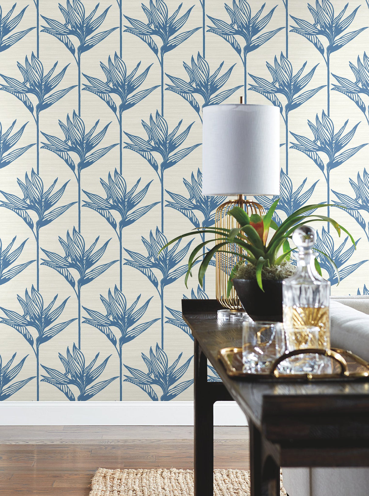 Bird of Paradise Blue Wallpaper with Botanical Tropical Silhouette - York TC2671