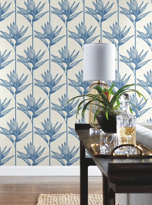 Bird of Paradise Blue Wallpaper with Botanical Tropical Silhouette - York TC2671