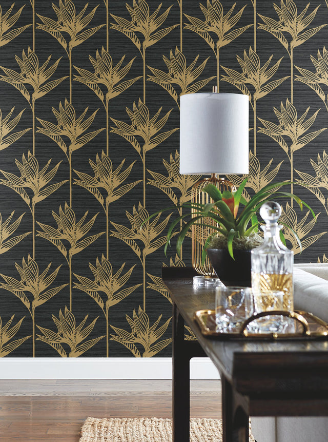 Bird of Paradise Black & Gold Wallpaper with Botanical Tropical Motif - York TC2674