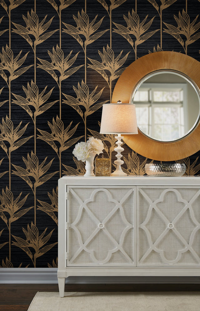 Bird of Paradise Black & Gold Wallpaper with Botanical Tropical Motif - York TC2674