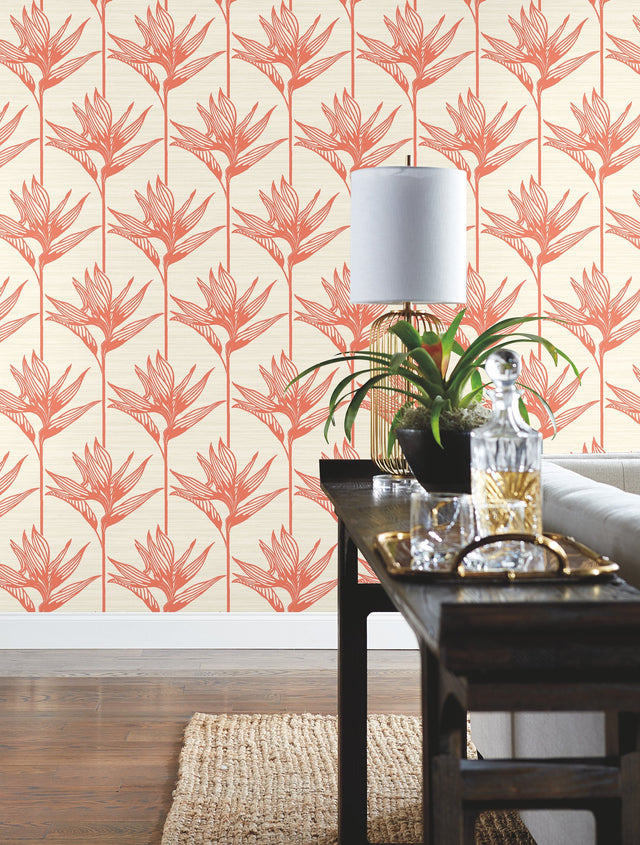 Bird of Paradise Coral Wallpaper with Botanical Tropical Motif - York TC2676