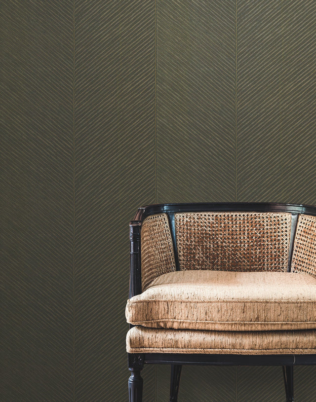 Palm Chevron Black & Gold Wallpaper with Metallic Palm Leaf Chevron Texture - York TC2696