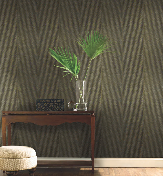 Palm Chevron Black & Gold Wallpaper with Metallic Palm Leaf Chevron Texture - York TC2696