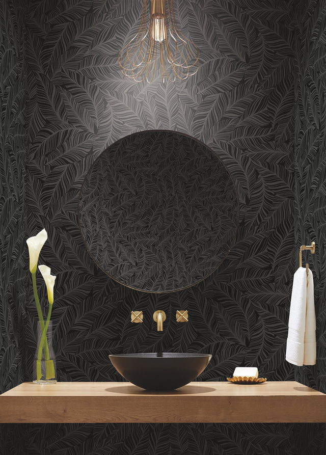 Rainforest Canopy Black Wallpaper with Botanical Palm Leaf Motif - York TC2712