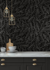 Rainforest Canopy Black Wallpaper with Botanical Palm Leaf Motif - York TC2712