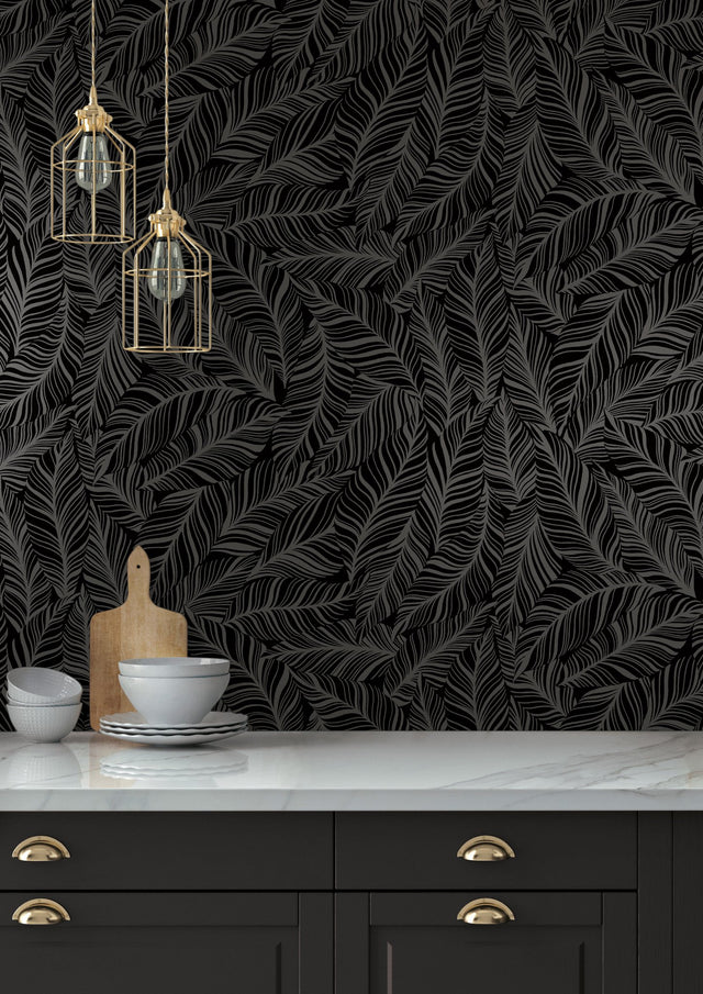 Rainforest Canopy Black Wallpaper with Botanical Palm Leaf Motif - York TC2712