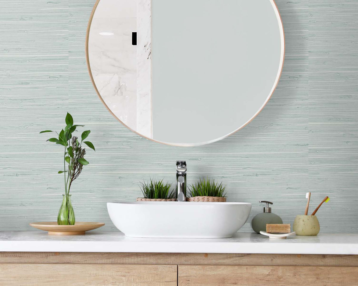 Marion Faux Arrowroot Pale Sky by Tedlar Textures Faux Grasscloth Type II Vinyl Wallpaper – DuPont TG60519 -Sample