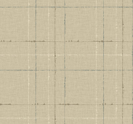 Gorton Plaid wallpaper in Hazel with a matte woven-look ground and subtle blue plaid lines