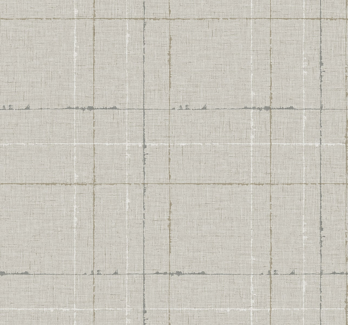 Gorton Plaid wallpaper in Pebble (gray) with a subtle woven plaid grid, matte finish.