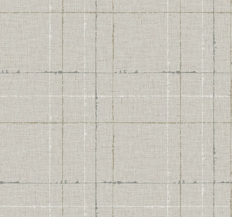Gorton Plaid wallpaper in Pebble (gray) with a subtle woven plaid grid, matte finish.