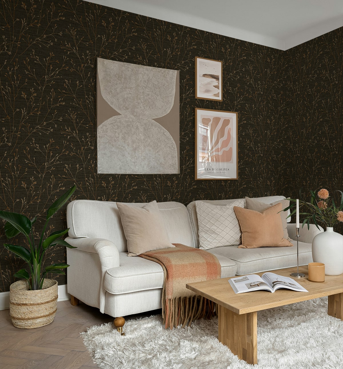 Withington Branch Coffee by Fibers and Threads Botanical Branch Vinyl Wallpaper – Seabrook Designs TH90306 -Sample