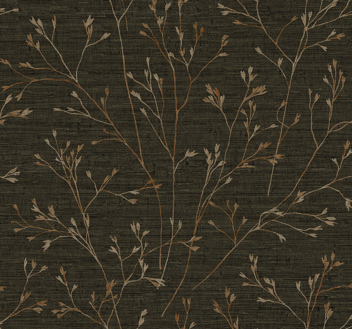 Withington Branch wallpaper in Coffee colorway with delicate botanical branches on a dark textured ground.