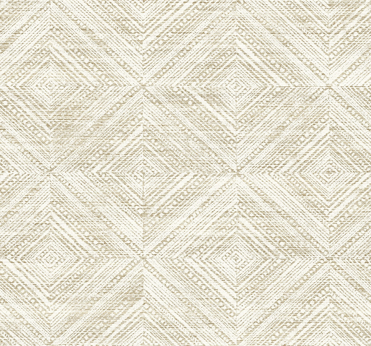 Warm beige and cream geometric diamond wallpaper with a woven/linen-like texture.