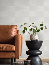 Moston Grey Mist by Fibers and Threads Textured Stripe Vinyl Wallpaper – Seabrook Designs TH92010