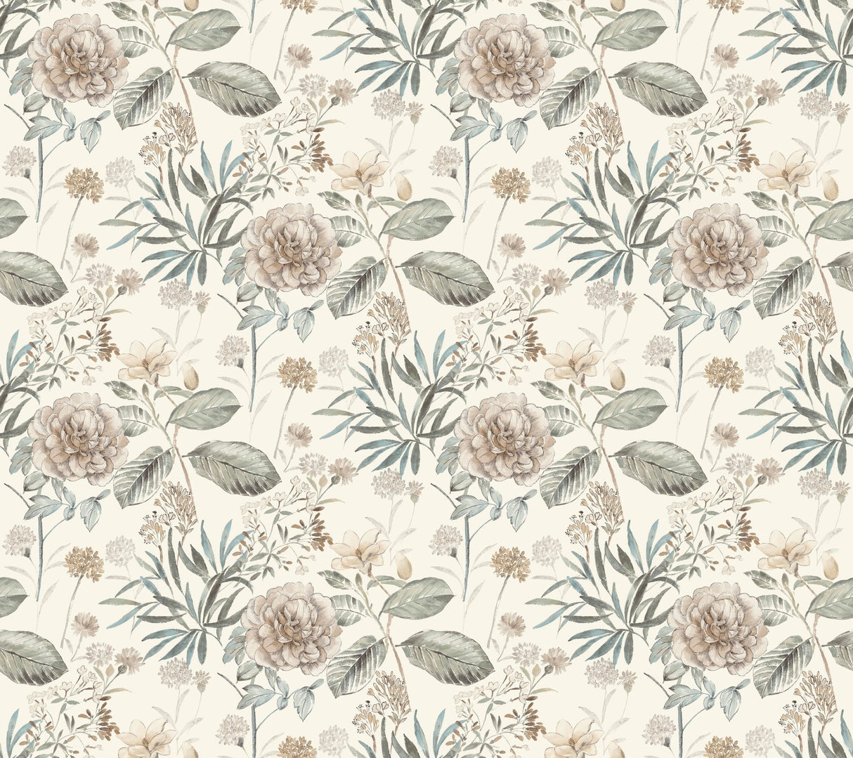 Midsummer Floral Beige & Green Wallpaper with Botanical Handpainted Style - York TL1918