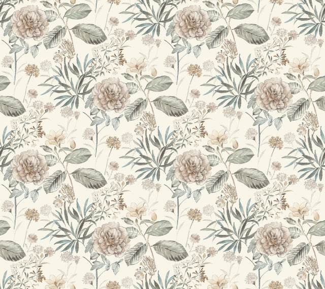 Midsummer Floral Beige & Green Wallpaper with Botanical Handpainted Style - York TL1918