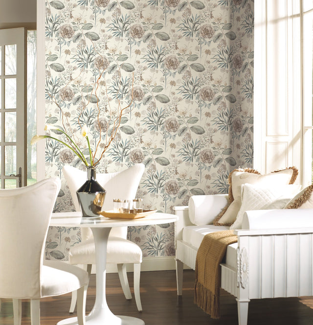 Midsummer Floral Beige & Green Wallpaper with Botanical Handpainted Style - York TL1918