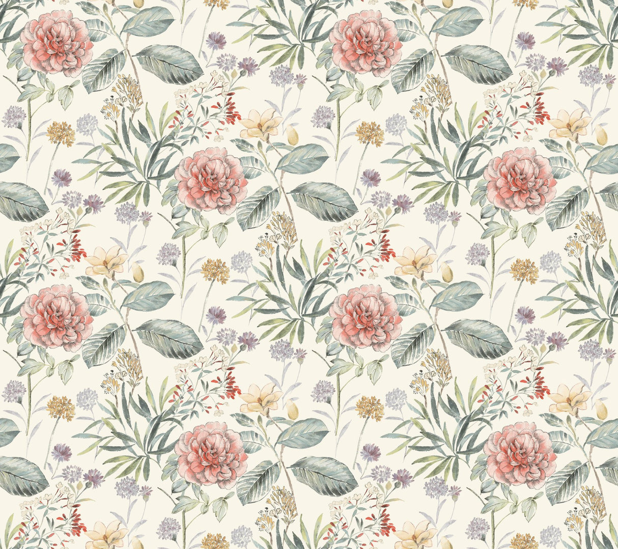 Midsummer Floral Coral Wallpaper with Handpainted Botanical Style - York TL1919