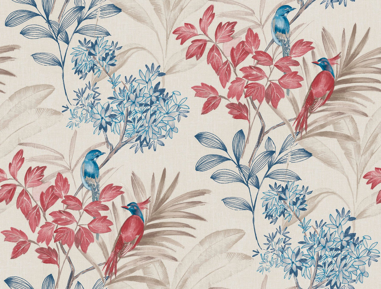 Handpainted Songbird Red & Blue Wallpaper with Animals Pattern, Contemporary Style - York TL1925