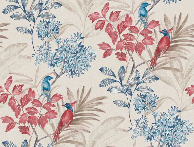 Handpainted Songbird Red & Blue Wallpaper with Animals Pattern, Contemporary Style - York TL1925