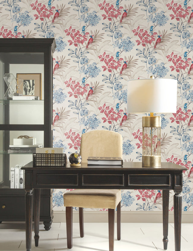 Handpainted Songbird Red & Blue Wallpaper with Animals Pattern, Contemporary Style - York TL1925