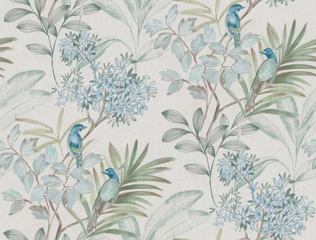 Handpainted Songbird Turquoise Wallpaper with Birds and Botanical Motif - York TL1926
