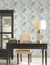 Handpainted Songbird Turquoise Wallpaper with Birds and Botanical Motif - York TL1926