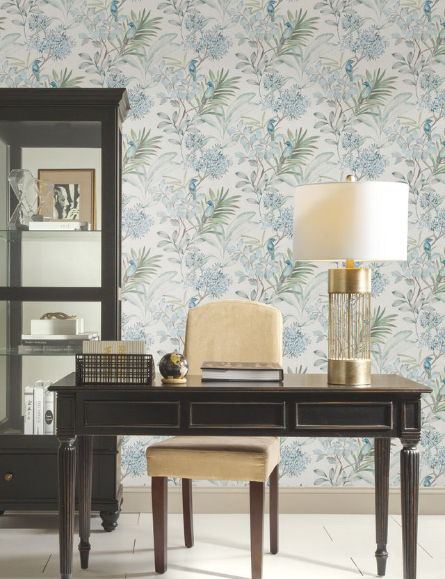 Handpainted Songbird Turquoise Wallpaper with Birds and Botanical Motif - York TL1926