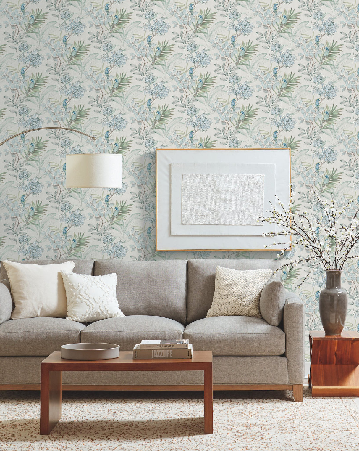 Handpainted Songbird Turquoise Wallpaper with Birds and Botanical Motif - York TL1926