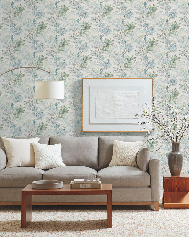 Handpainted Songbird Turquoise Wallpaper with Birds and Botanical Motif - York TL1926