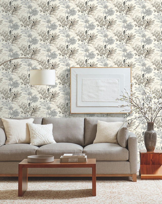 Handpainted Songbird Grey Wallpaper