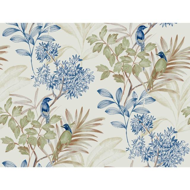 Handpainted Songbird Green & Blue Wallpaper with Birds and Botanical Motif - York TL1928