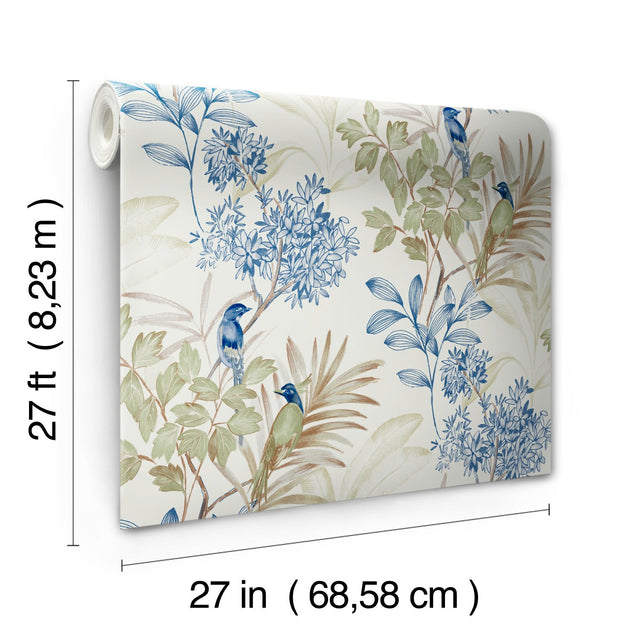 Handpainted Songbird Green & Blue Wallpaper with Birds and Botanical Motif - York TL1928