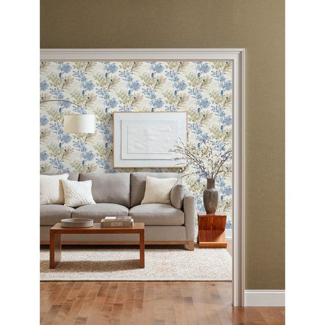 Handpainted Songbird Green & Blue Wallpaper with Birds and Botanical Motif - York TL1928