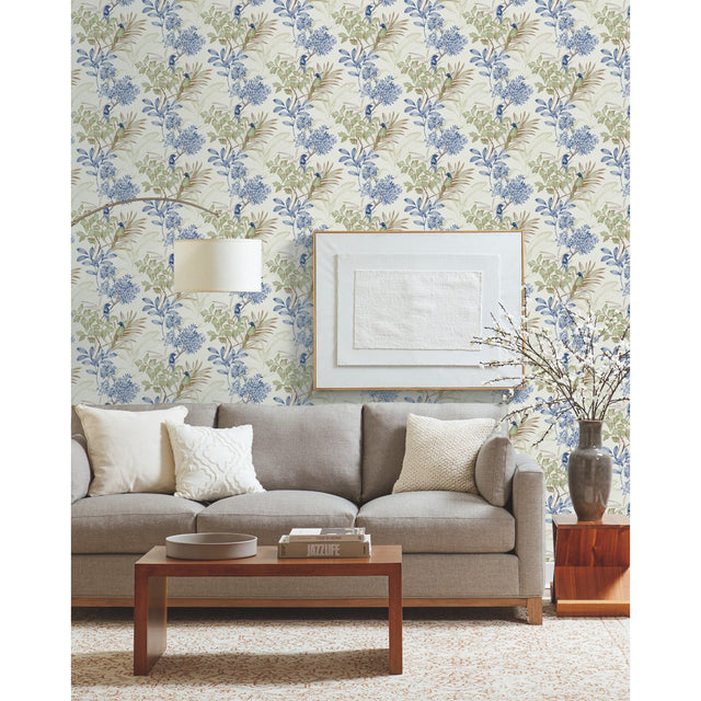 Handpainted Songbird Green & Blue Wallpaper with Birds and Botanical Motif - York TL1928