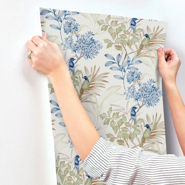 Handpainted Songbird Green & Blue Wallpaper with Birds and Botanical Motif - York TL1928