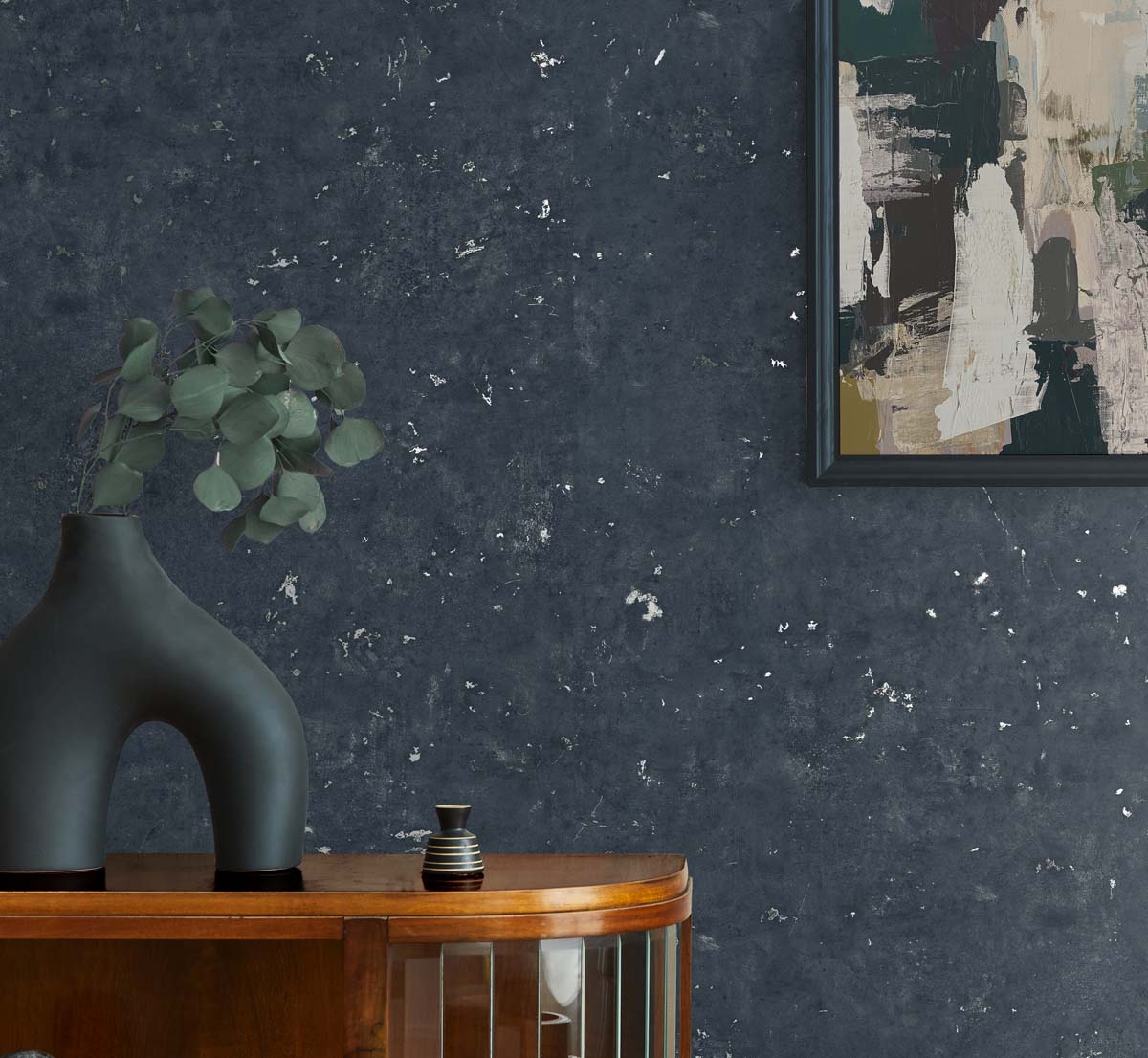 Cement Faux Storm Blue & Metallic Graphite by Even More Textures Metallic Faux Cement Vinyl Wallpaper – Seabrook Designs TS81202