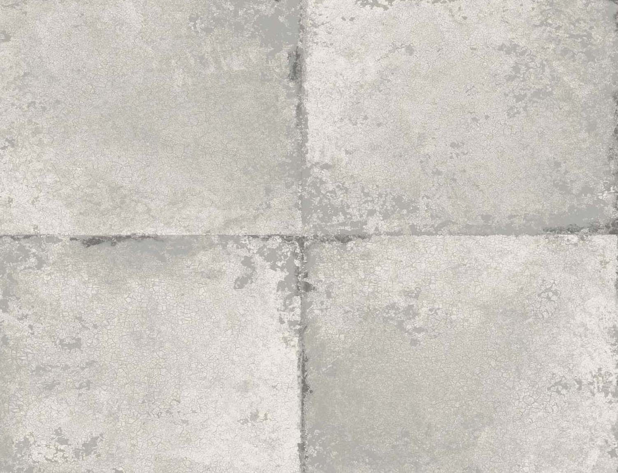 Metallic grey faux tile wallpaper with a subtle mottled texture.