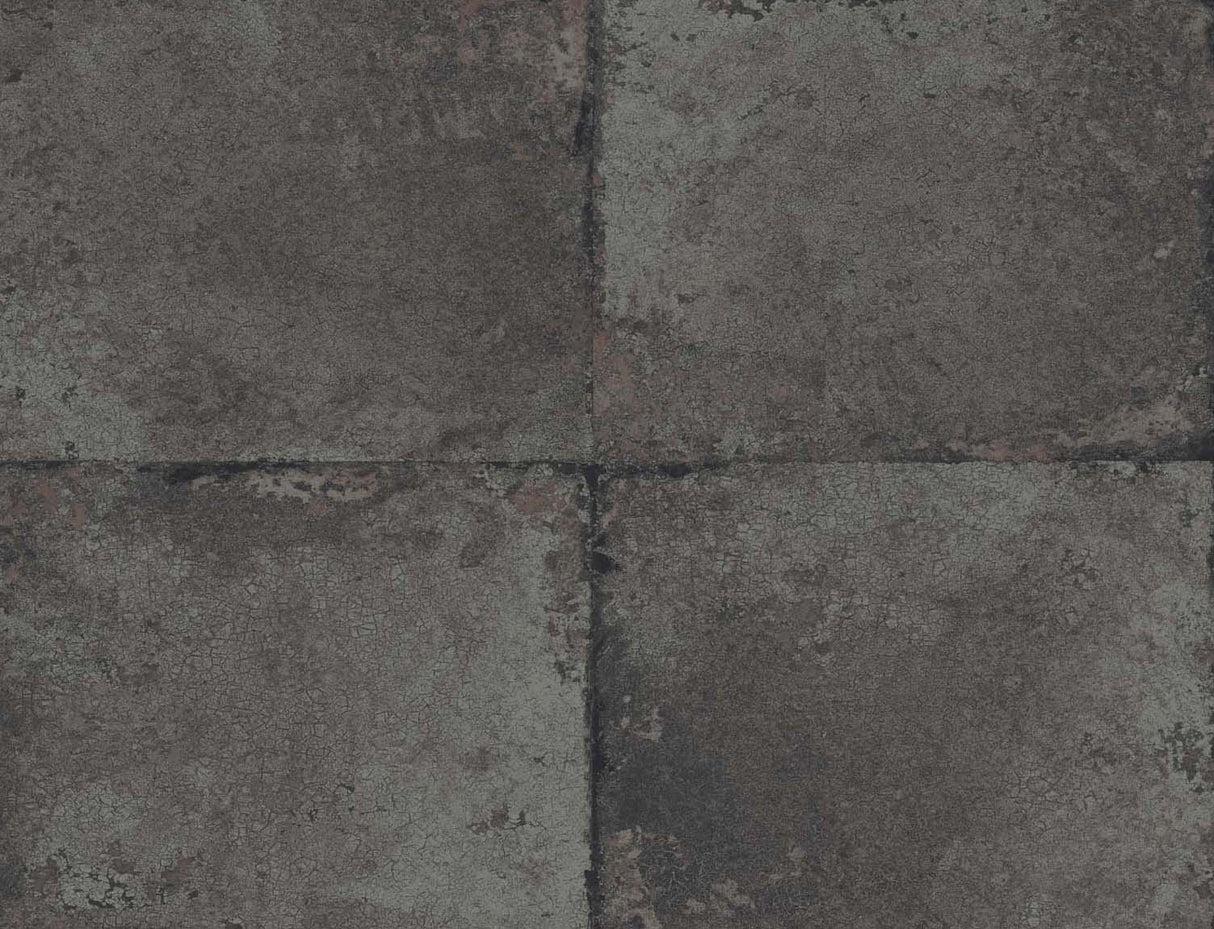 Dark charcoal and gray metallic faux tile wallpaper with weathered texture